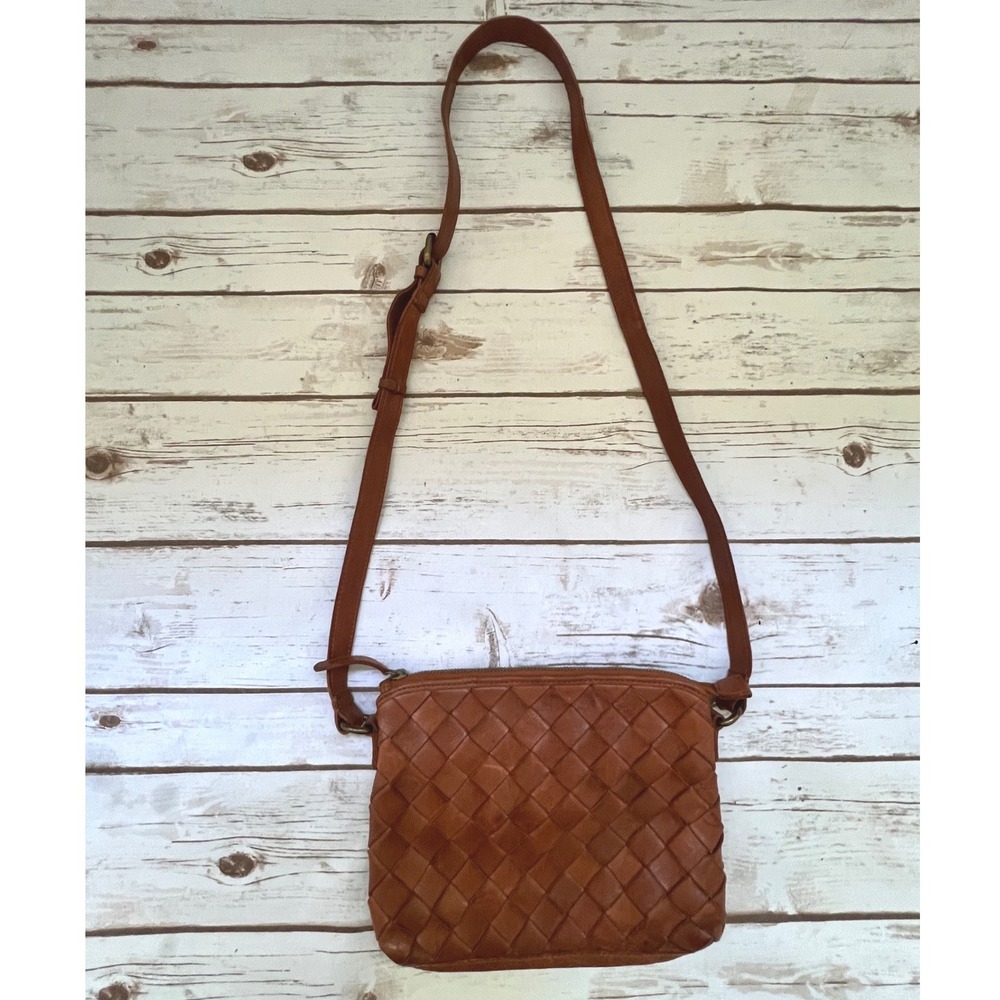 Vilenca Holland Crossbody Bag Cognac Brown Woven Leather Vintage Small